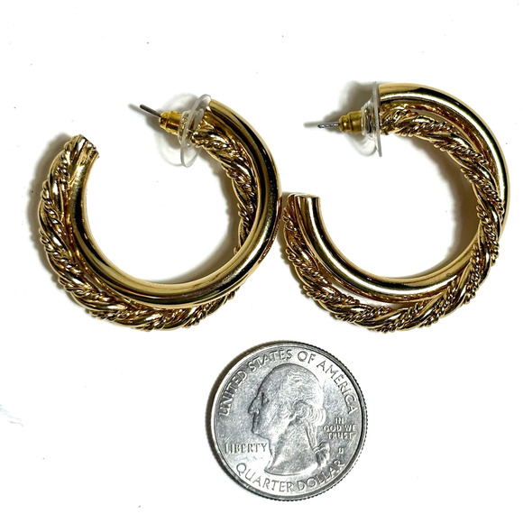 Gold Tone Hoops Double Multi Twist Pierced 1 1/2" Vintage Retro Minimalist - Picture 5 of 9